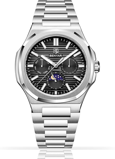 BENYAR Men's Analog Watches with Moon Phase 38mm Octagonal Bezel