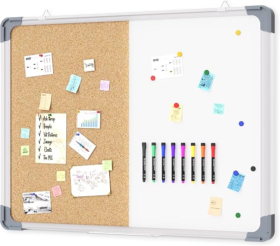 White Board Cork Board Combo, 2418 inch for Office, Home, School, Vision Board, Pin Bulletin, Markers, Eraser, Magnets, Pins (Vertical)