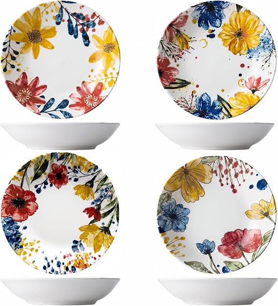 Ceramic Deep Dinner Plates Set of 4 Patterned,8 Inch Ceramic Dessert Plates,Deep Salad Plates Set,Dinnerware Set for Pasta Bowls,Ramen Microwave & Dishwasher Safe