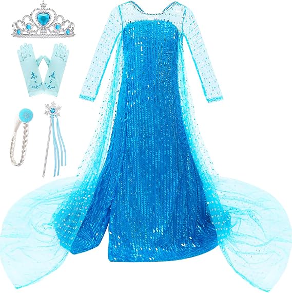 Esvaiy Girls Princess Elsa Dress Costume Luxury Sequin Halloween Cosplay