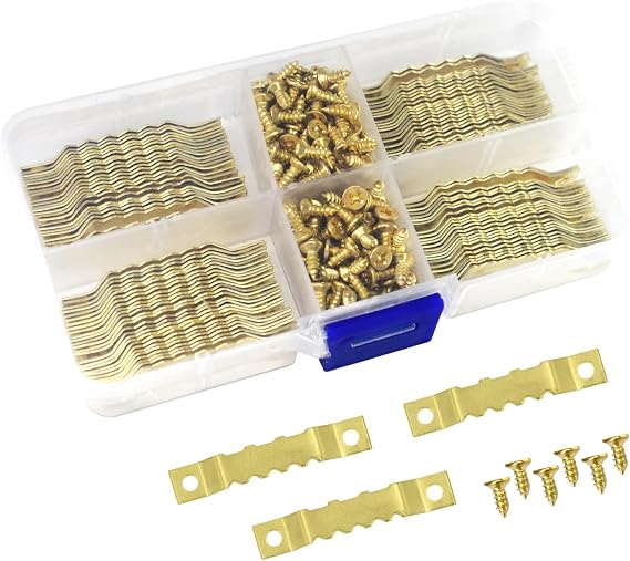 100 Pack Small Metal Sawtooth Picture Hangers with 200 Screws for Hanging Decor Wooden Photo Frames, Clock, Paintings Art Crafts Works and DIY Projects (Gold)