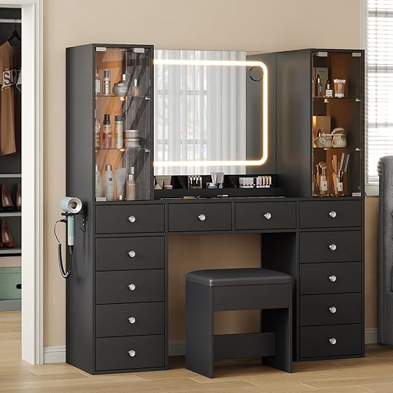 FUSOU Dressing Table with 12 Drawers & 2 Large Storage Cabinets, Adjustable Glass Shelf, Dressing Table with Mirror and Stool, Vanity with Glass Top and Power Outlet, Vanity Desk for Bedroom, Black