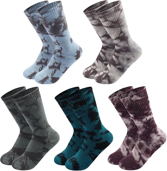 Tie Dye Socks for Men Women, Soft Cotton Blend Crew Socks, 5-Pack Unisex Novelty Socks, One Size Fits Most