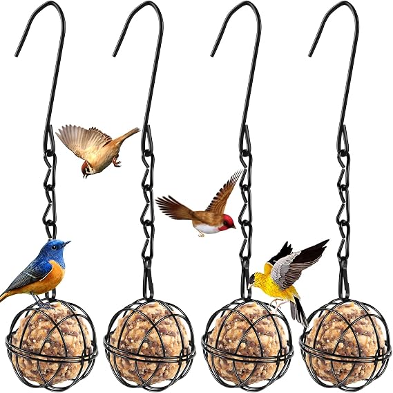 4 Pack Suet Ball Bird Feeder Set Metal Bird Feeding Station Kit with Hanging Chain Squirrel Proof Bird Feeders for Outside Hanging Hummingbird Feeders for Wild Birds Outdoor Garden