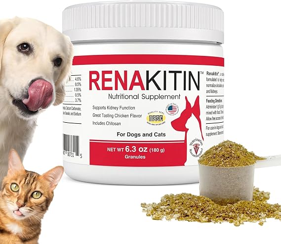 Renakitin Kidney Support Supplement for Dogs & Cats - Renal Health Formula with Chitosan & Calcium Carbonate - Supports Kidney Function & Urinary Health - Chicken Flavor Granules - 6.3 oz