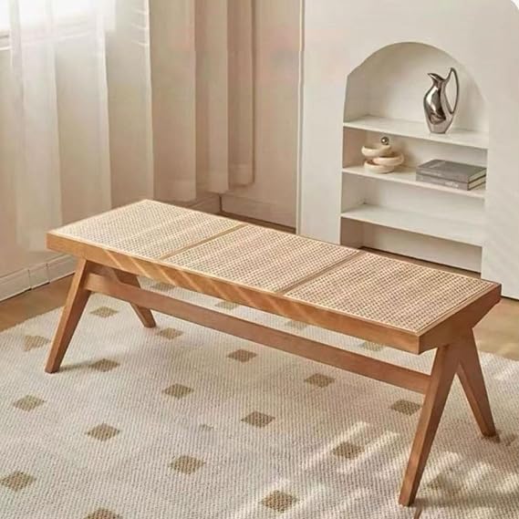 Entryway Bench Long Rattan Three-Seater Sofa Modern Traditional Classic Farmhouse Style For Entryway/Dining Room, Natural Wood(Cherry)