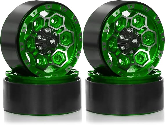 1.9 Inch Beadlock Wheels Rims 12mm Hex Aluminum Heavy Duty 1/10 RC Wheel Hubs for 1:10 Rock Crawler Car Axial SCX10 I II III 90046 TRX4 TRX6 CC01 D90 RC4WD Redcat Gen8 1.9" Tires (Green)