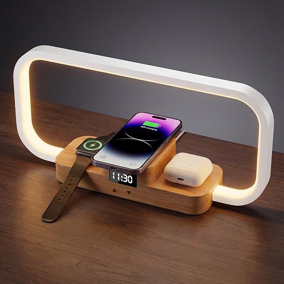 LED Bedside Lamp with Wireless Charger, 3-in-1 Touch Control Table Lamp with Clock, Dimmable Nightstand Lamp with 5 Color Modes, Modern Bedroom Desk Lamp, Gift for Women & Men,Wooden,Adapter Included