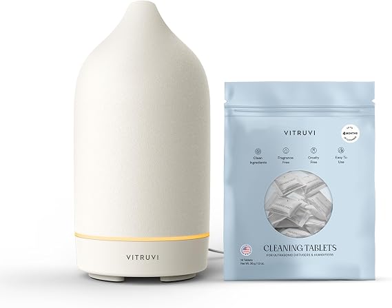 Vitruvi White Stone Diffuser & Cleaning Tablets Bundle Ultrasonic Essential Oil Diffuser + Natural Cleaning Tablets Covers 500 Sq. Ft Stylish Ceramic Design for Home Aromatherapy