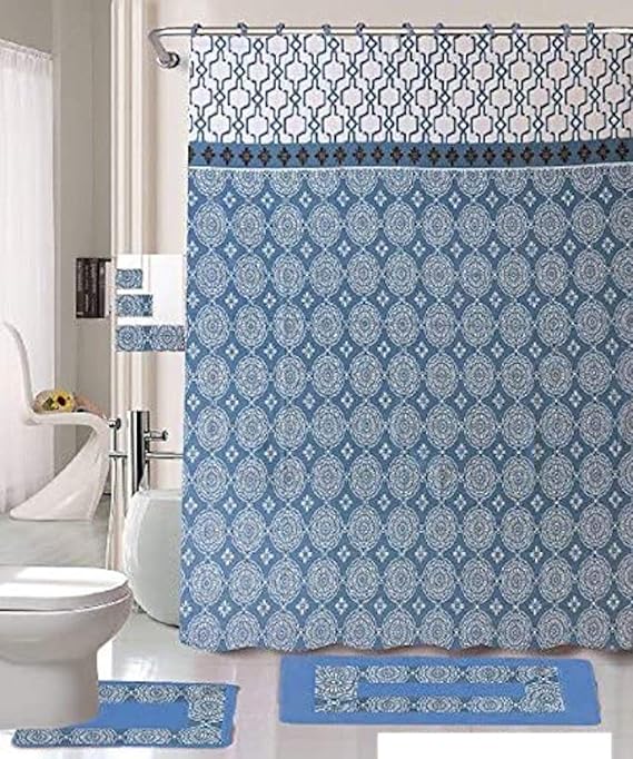 WPM 18 Piece Bath Rug Set Sky Blue Medallion Print Bathroom Rugs Shower Curtain/Rings and Towels Sets-Medallion Blue