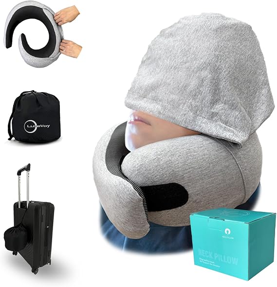2025 Travel Neck Pillow,Stowable Hood,Ergonomic Neck Pillow Airplane,Premium Memory Foam,360o Support,Adjustable Fit,Washable Cover,Complete Travel Set,for Flight,Car and Office (Silver)
