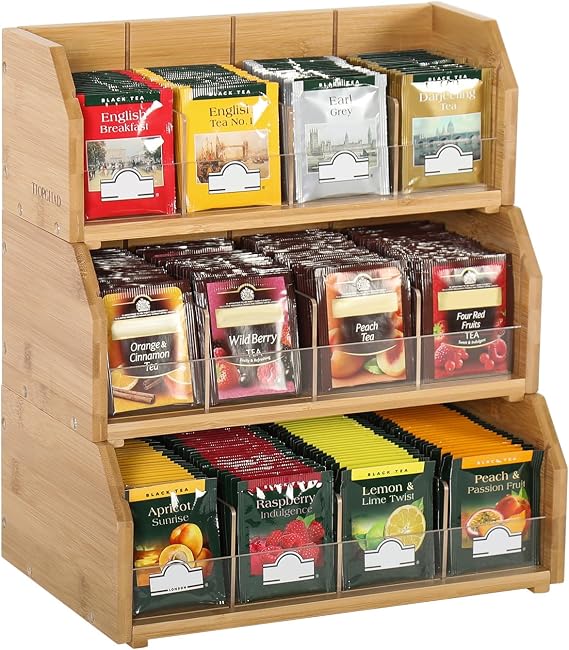 TIOPGHAD 3-Layer Stackable Bamboo Tea Bag Organizer Storage Holder, Natural