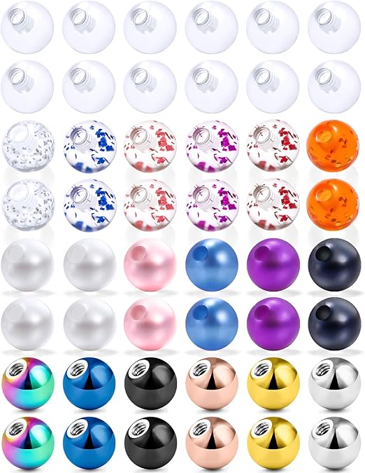 Prjndjw 48PCS 14G/16G 5mm Stainless Steel & Glitter Acrylic & Clear Acrylic & Pearl Replacement Balls Body Jewelry Piercing Barbell Parts Balls for Women Men