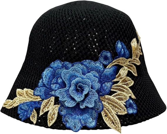 Summer Crochet Bucket Hat Floral Embroidered Beach Sun Hat Woven Foldable Fisherman Cap for Women