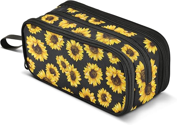 Pencil Case Sunflower Floral 3 Compartments Pencil Pouch