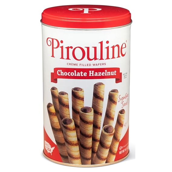 Pirouline Rolled Wafers Chocolate Hazelnut Rolled Wafer Sticks, Creme Filled Wafers, Rolled Cookies for Coffee, Tea, Ice Cream, Snacks, Parties, Gifts, and More 14.1oz Tin 1pk