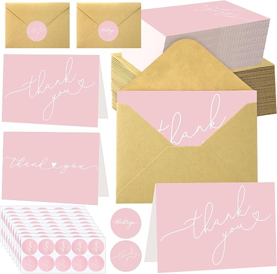 Supervitae 100 Pack Thank You Cards with Envelopes 3.5 x 5, Pink