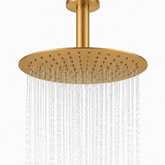 Rainfall Shower head, 12 Inch Round Shower Head, Wall or Ceiling Mounted Ultra Thin Stainless Steel High Pressure Shower Head with Touch-Clean Nozzles, Brushed Brass Gold