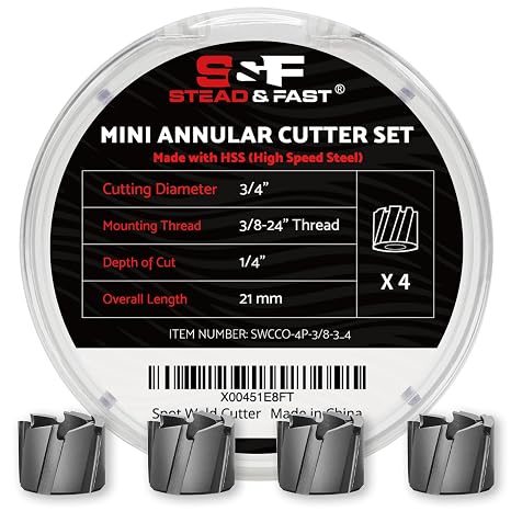 S&F STEAD & FAST Spot Weld Cutter Drill Bit 4 Pcs, Spot Weld Removal Replacements, Cutting Diameter 34, 38 Shank, Annular Cutter for Hand Drill, Auto Body Tools, Collision Repair, Car Restoration