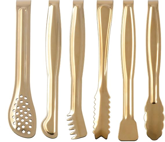 HINMAY Gold Plated Mini Serving Tongs Set 6-Inch Appetizers Tongs, Set of 6