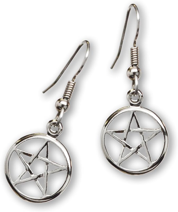 Wiccan Pagan Pentacle Polished Silver Finish Dangle Earrings