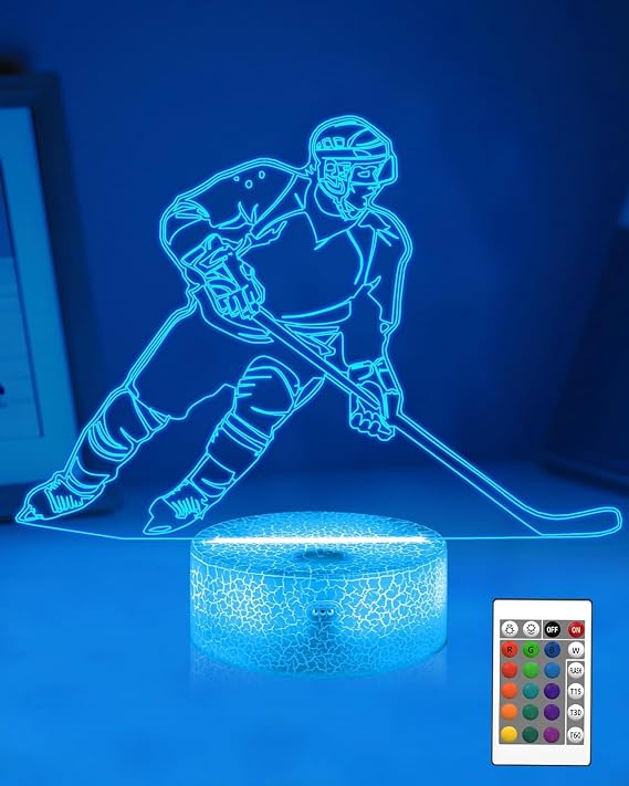 Attivolife Ice Hockey 3D Night Light, Bedside Illusion Optical Hologram LED Lamp with Remote Control + Timer 16 Color Changing, Bedroom Decor