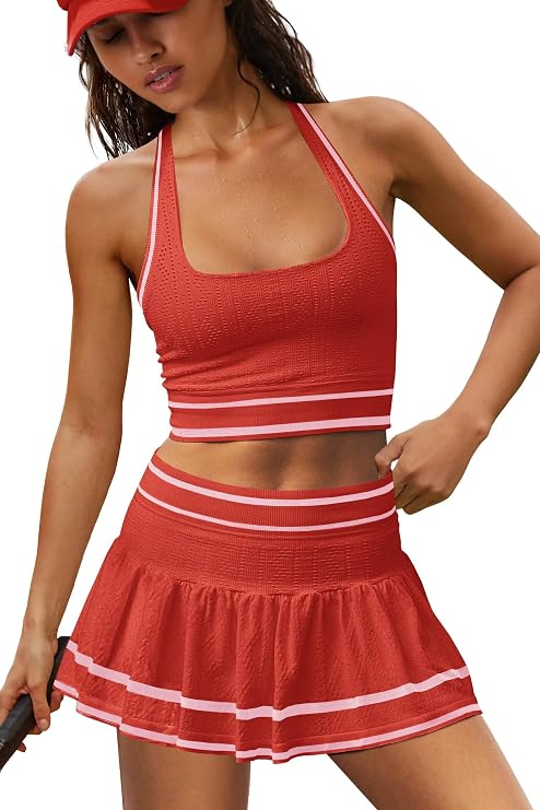 LAMISSCHE Seamless Athletic Skirt Set Square Neck Tank Pleated Skort Set