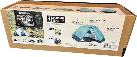 Decathlon Quechua, 2 Second Easy Waterproof Pop up 43.3 inches, 2 Person Camping Tent, 9.6 lbs (Sleeping Area Dimensions: 80.7"" X 57.1), Blue