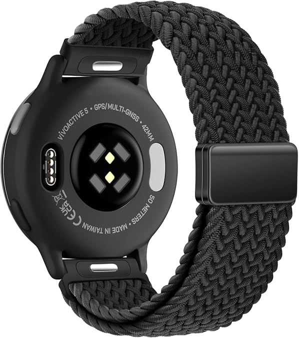 20mm Magnetic Braided Nylon Band Compatible with Garmin Vivoactive 6/5/3, Venu 2 Plus, Venu Sq 2, Forerunner 55/165/245/645 Soft Stretchy Strap with Magnetic Closure & Press-Button Quick Release Connector