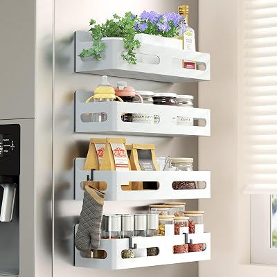 4 Pack Strong Magnetic Spice Rack for Refrigerator, Multipurpose Magnetic Shelf for Fridge with 4 Hooks for kitchen and Bathroom Organization, White
