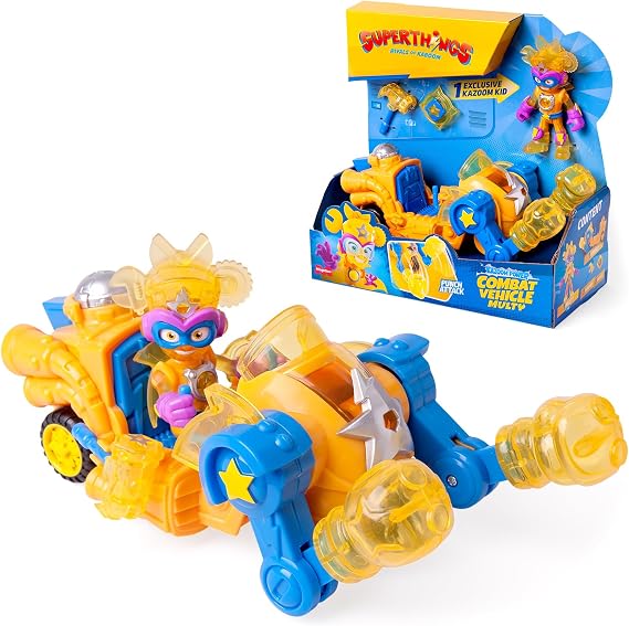 SUPERTHINGS KAZOOM POWER – Combat Vehicle Multy. Kid Multy's combat vehicle from the animated series "Kazoom Power". Contains 1 Vehicle, 1 Exclusive Kid, 1 Weapon, and 1 Accessory