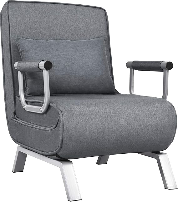 Convertible Sofa Bed Sleeper Chair, Modern Chaise Lounge 5 Position Adjustable Backrest, Folding Arm Chair Sleeper with Pillow, Upholstered Seat, Couch for Bedroom Home Office, Grey