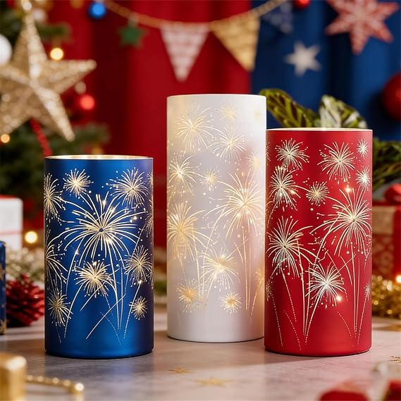 Set of 3 Illuminated Starry Night Hurricanes with LED Lights (Mix) | Celebration Illuminated Hurricanes Set Romantic Decorative Ornaments for Mantel, Dining Table, Wedding & Holiday Decor
