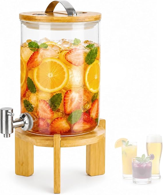 Glass Drinks Dispenser 3.5 L with Stainless Steel Tap and Bamboo