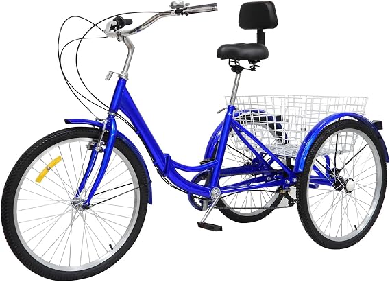 24 Inch Folding Adult Tricycle, 7 Speed Adult Trike 3 Wheel Cargo Bike with High-carbon Steel Frame, Three Wheel Bike with Basket and Backrest, for Men, Women, The Elderly, and Adults, Blue