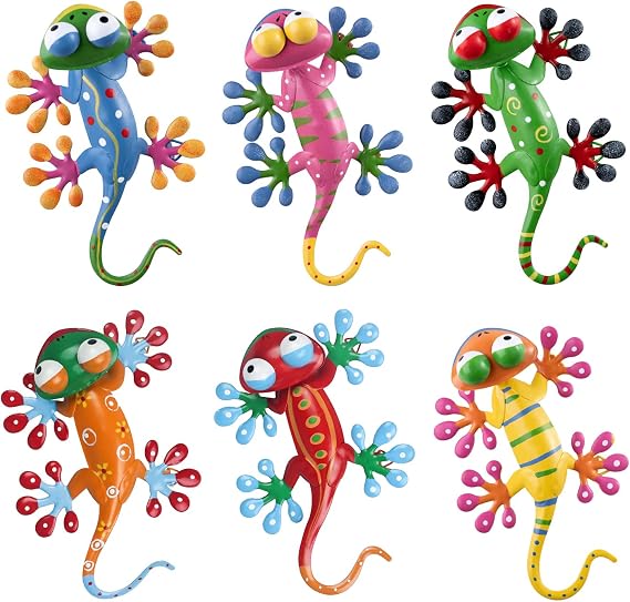 YEAHOME 6 Pack Metal Geckos Inspirational Wall Art, Mexican Outdoor Wall Decor with Shaking Head, Lizard Wall Sculptures & Statues for Farmhouse, Porch, Patio, Lawn, Fence