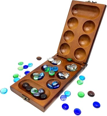 Mancala Board Game, Africa Mancala Stones Chess Set with Folding Soild Wood Board & Multi Color Glass Stones for Kids and Adults for Daily Life, Party, Travel