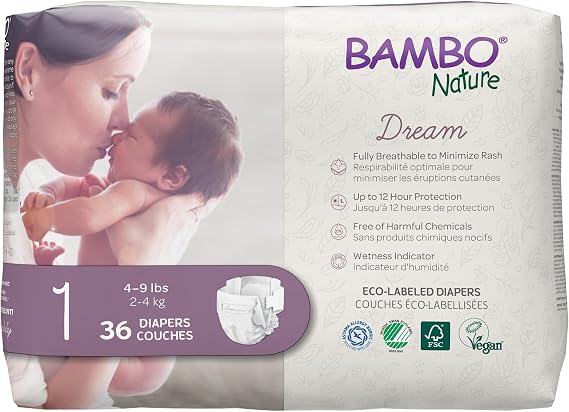 Bambo Nature Premium Eco-Friendly Baby Diapers, Size 1 (4-9 Lbs), 36 Count