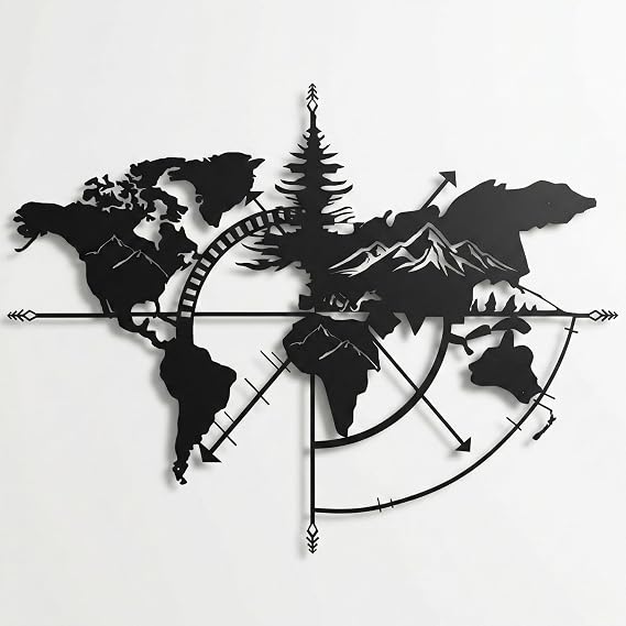 DEKADRON World Map Metal Mountain Wall Decoration Metal Home Decor Living Room Decor Metal Plaque 39" L x 30" W Black
