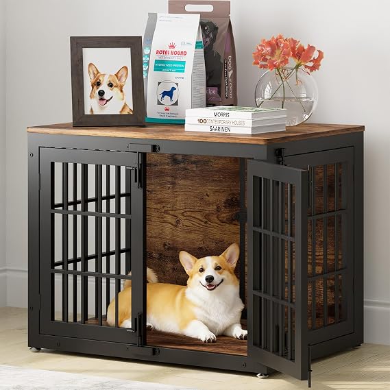 33" Heavy Duty Dog Crate Furniture for Small/Medium Dogs, Wooden Dog Cage Kennel Furniture with Side Door, Indoor Decorative Pet House End Table, Black and Brown