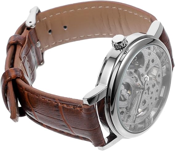 Men's Mechanical Wrist Watch Hand-wind Openwork Round Dial Durable Stainless Steel Silver Dial Brown Band Comfort Fit
