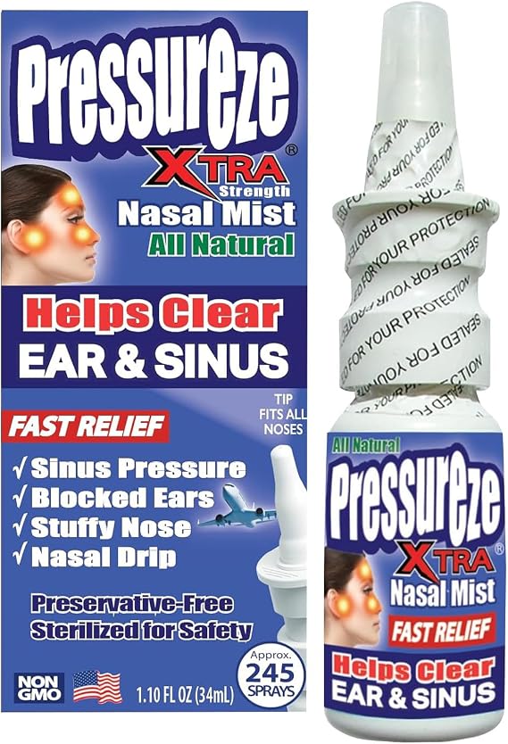 Pressureze Xtra - Natural- Preservative Free - Sterile Nasal Spray - for Severe Sinus Congestion Relief - Opens Blocked Ear Canals, Snoring - 245 Sprays, 34 ml (Pack of 1)
