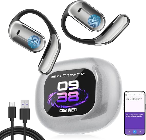 AI Real-Time Translation Earbuds, OWS LCD Touchscreen 3-in-1 Language Translator Earbuds, 144 Languages Multi-Mode Translator Earbuds for Travel Business and Learning, Compatible with iOS (White)