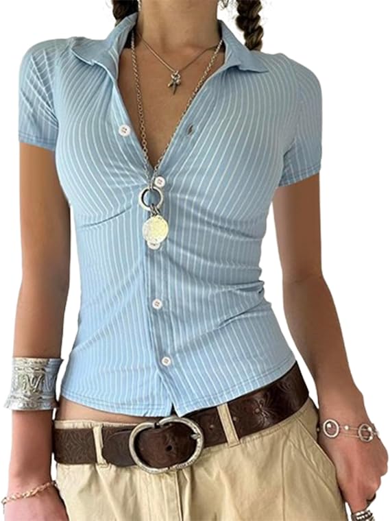 Y2k Girls Vintage Coquette Button Down Shirt Women Short Sleeve V-Neck Slim Fitted T-Shirt Cute Blouse Crop Top