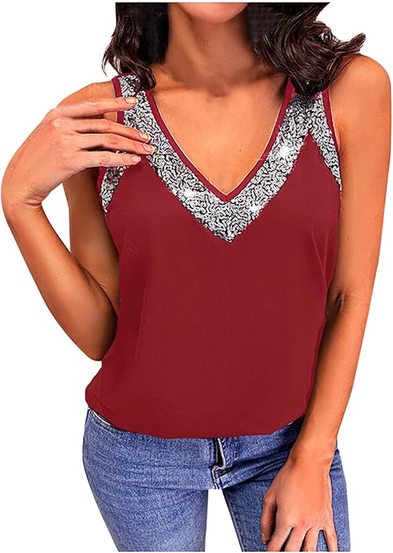 Sparkly Sequins Tops for Women Summer Fashion Casual Sleeveless V Neck Tank Tops Solid Loose Comfy Blouses Vest
