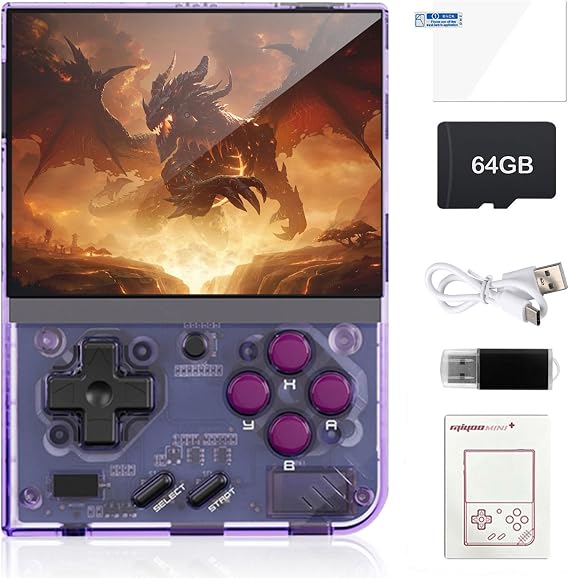 Miyoo Mini Plus Retro Game Console,3.5 Inch IPS Classic System Retro Video Games Consoles,with 64G TF Card,Supports 12000+ Classic Games and Wireless Networt Handheld Console(Purple)