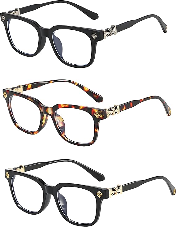 3 Pcs chrome hearts glasses, Adjustable glasses, Clear Frame Design, With Stylish Metal Details, elegant chrome accents and decorative floral emblems on the temples