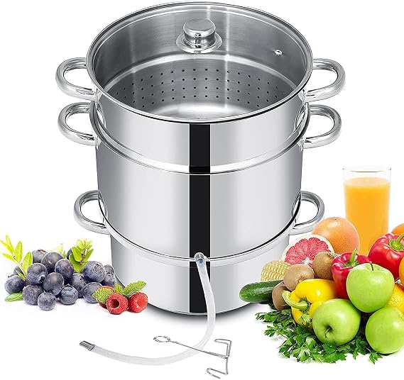 FANTASK 11-Quart Steam Juicer, Pasta Pot with Tempered Glass Lid, Hose, Clamp, Safe Loop Handle, Easy to Use, Stainless Steel Steamer Pot for Cooking Fruit Vegetable, Silver