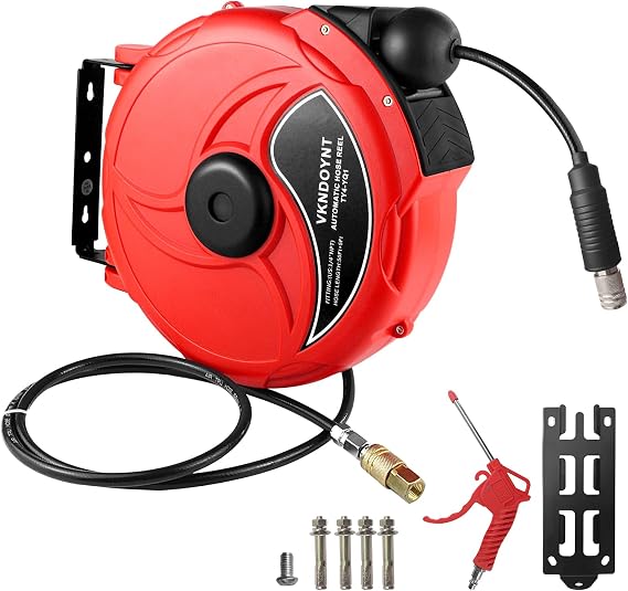 Retractable Air Hose Reel, 1/4 in x 50 FT Hybrid Polymer Hose, Air Compressor Hose Reel with 5 ft Lead in, Ceiling/Wall Mount Enclosed Air Reel, 180 Swivel Mount, Red/Black