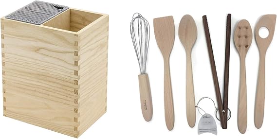 Legnoart Natural Ashwood Mistery Box Knife Block and Tools Rack with 6 Utensils